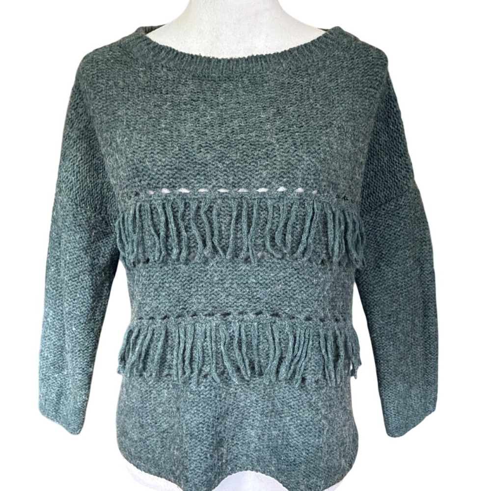Kontatto Wool Alpaca Blend Sweater Fringe Pointelle Knit Boho Made in Italy M